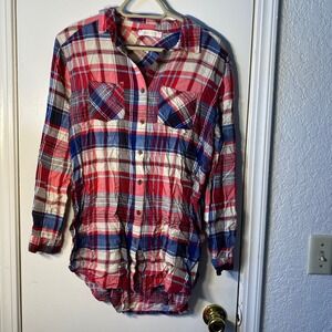 Entro‎ Womens Red White Blue Plaid Rayon Button Down Shirt Size Large